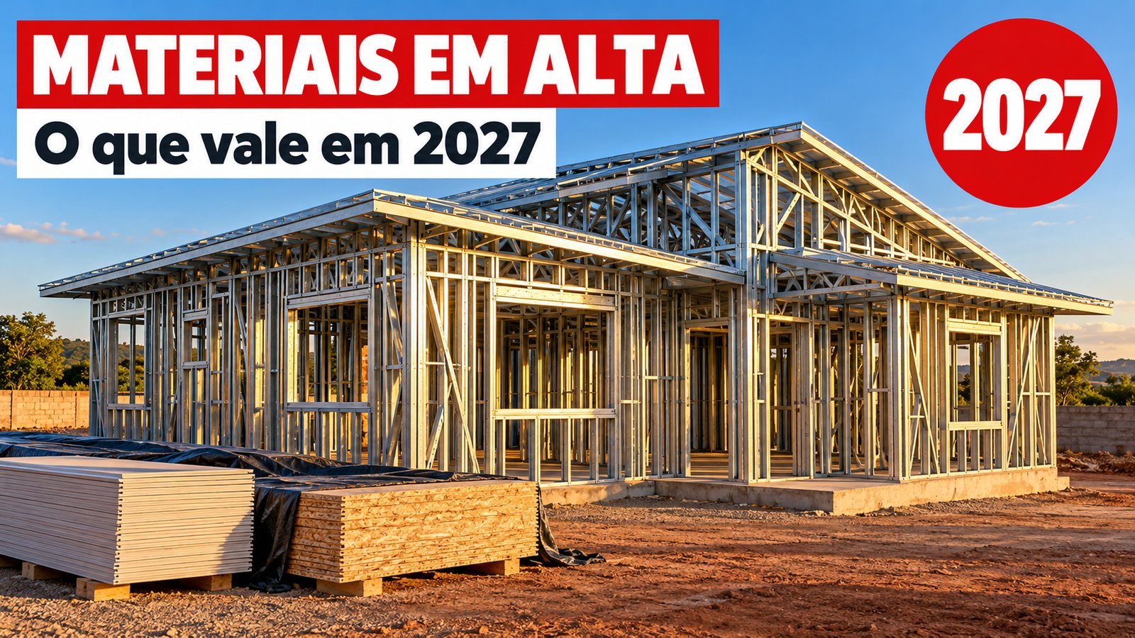 Casa térrea em light steel frame com a estrutura de perfis de aço montada