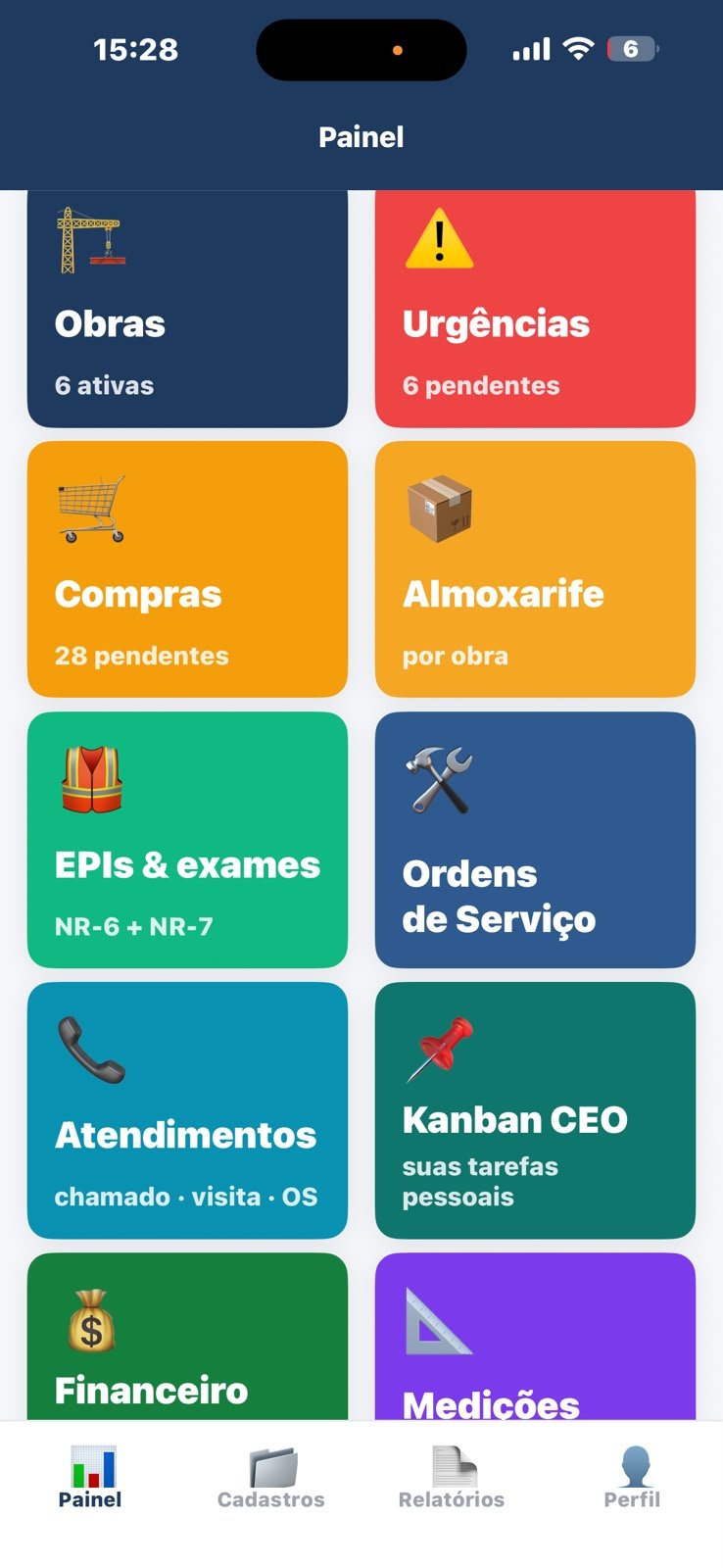 Painel do app ALVA OBRAS — sua obra na palma da mão